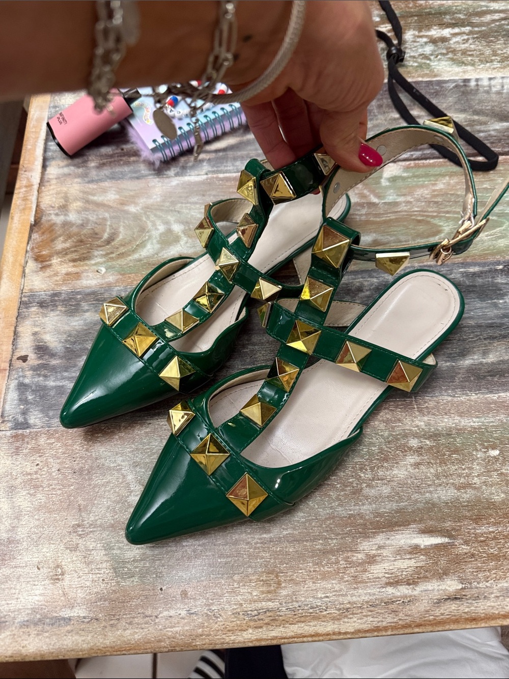 Green Studded Pointed-Toe Slingback Flats